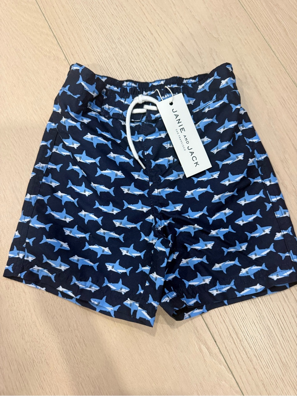 Janie and Jack Navy Blue Shark Print Swim Trunks